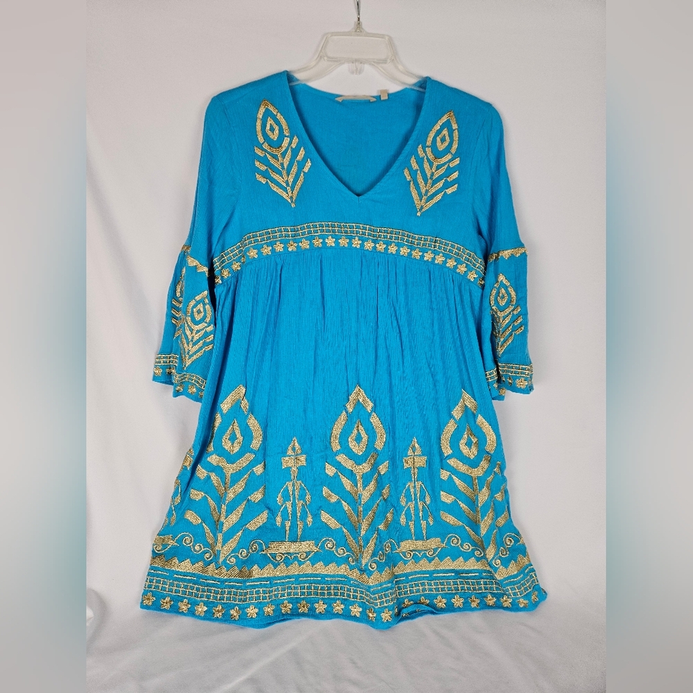 Soft Surroundings Blue and Gold Embellished 3/4 Sleeve Tunic
